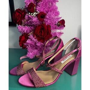 Nina New York Pink Satin Strappy Heels – Size 11M – Block Heels – Minor Wear